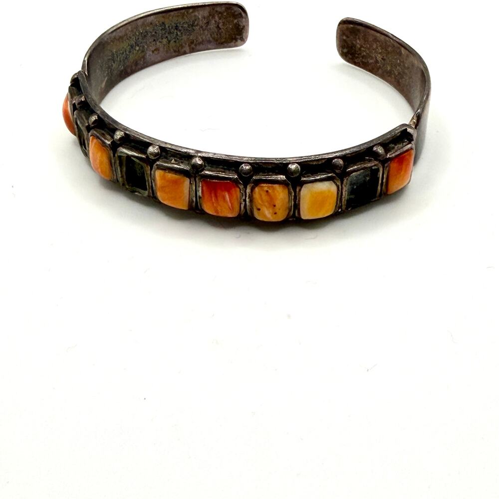 Vintage 90s Orange Sterling Silver Spiny Oyster Southwestern Cuff Bracelet